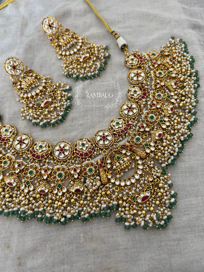 Sanidhya Rich Gold Finish Luminous Floral Cluster Design Pearl And Bead Fringe Heavy Necklae Jewellery Set For Bride By Ranibaug | Heritage Bridal Jewelry