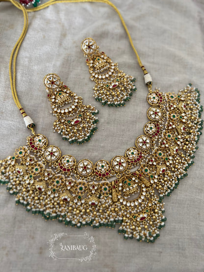 Sanidhya Rich Gold Finish Luminous Floral Cluster Design Pearl And Bead Fringe Heavy Necklae Jewellery Set For Bride By Ranibaug | Heritage Bridal Jewelry
