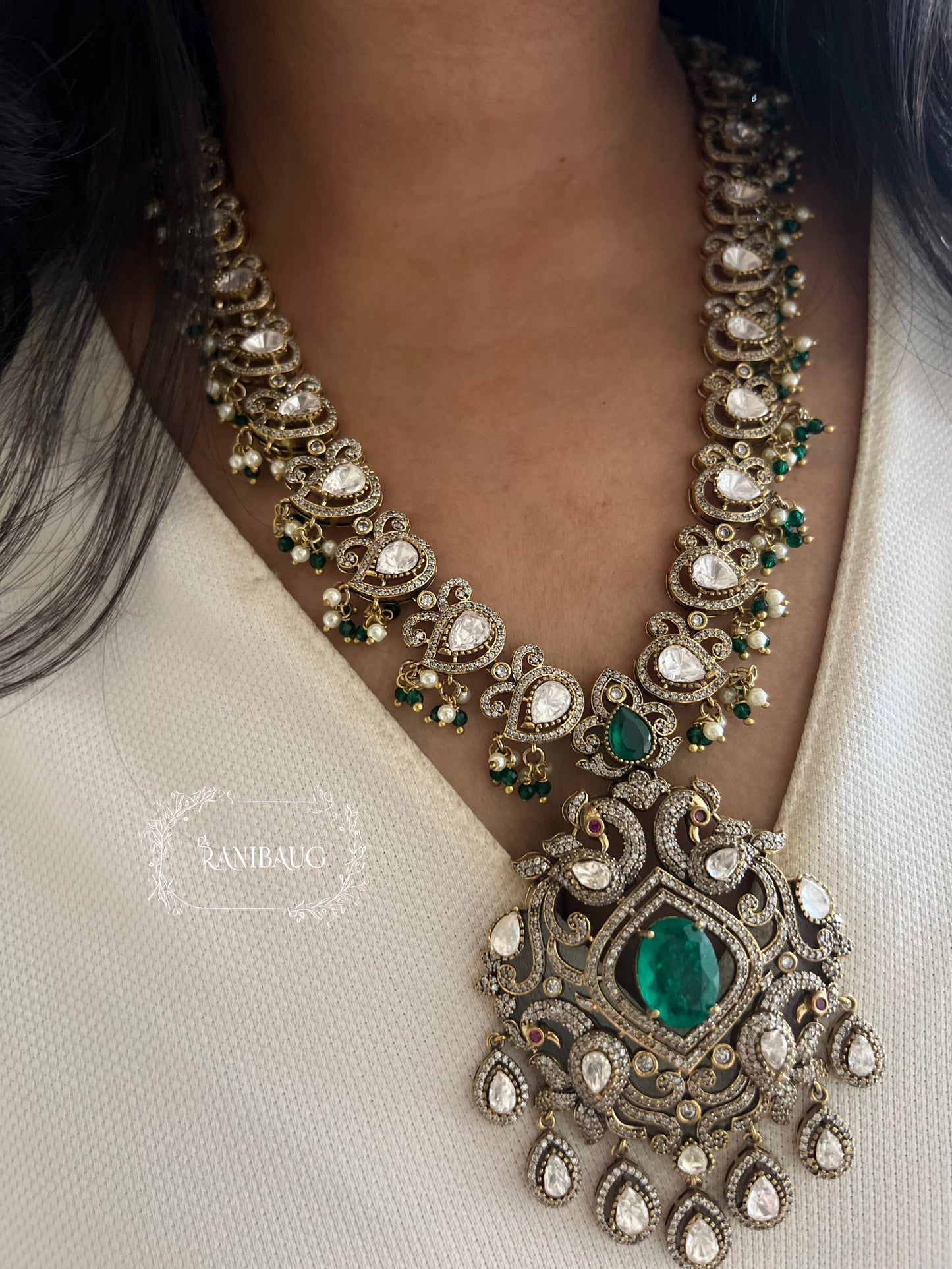 Sanishta Victorian Necklace Set  With Polki Kundan Studs Emerald Ruby Stones By Ranibaug