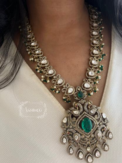 Sanishta Victorian Necklace Set  With Polki Kundan Studs Emerald Ruby Stones By Ranibaug