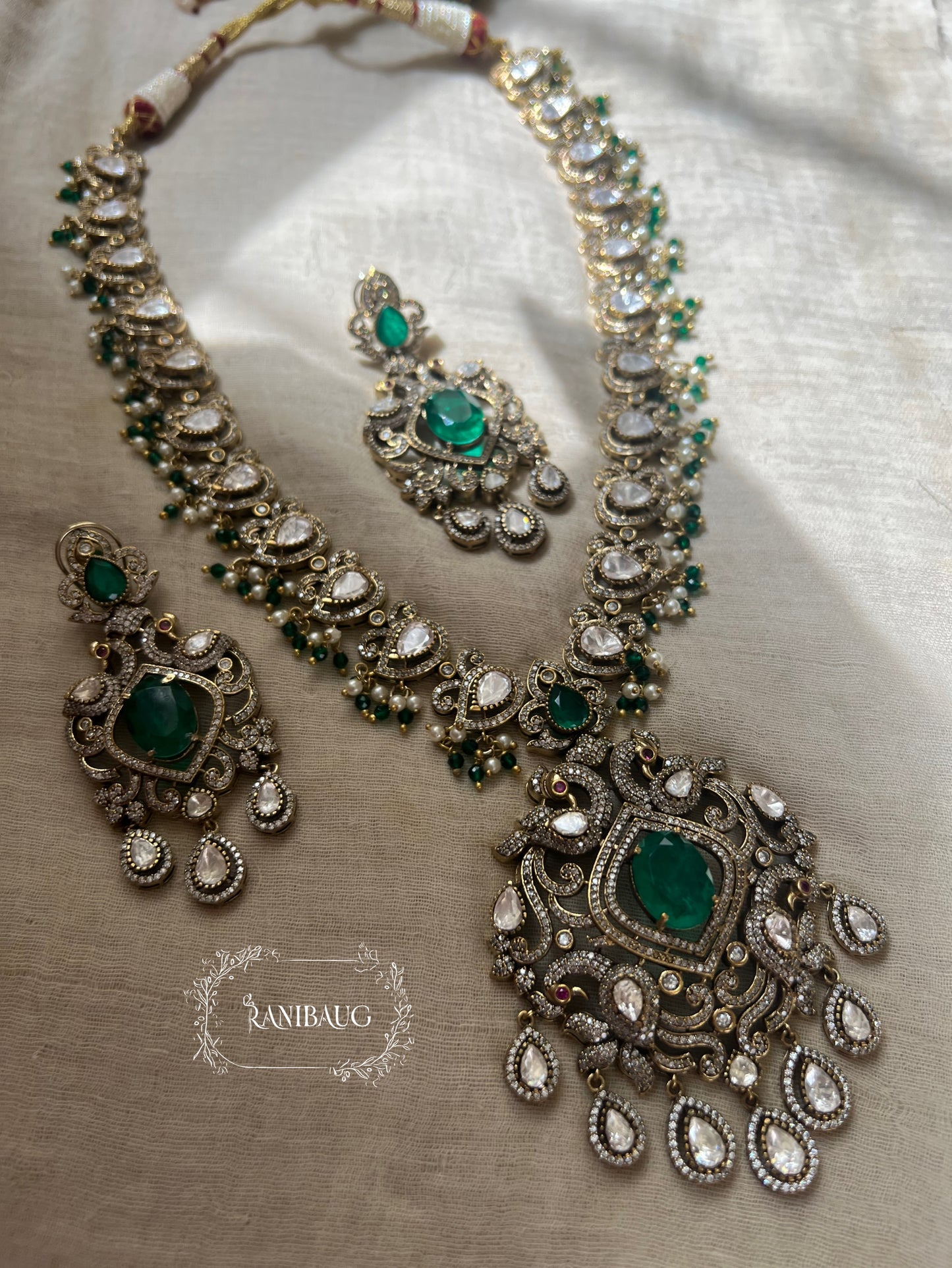 Sanishta Victorian Necklace Set  With Polki Kundan Studs Emerald Ruby Stones By Ranibaug