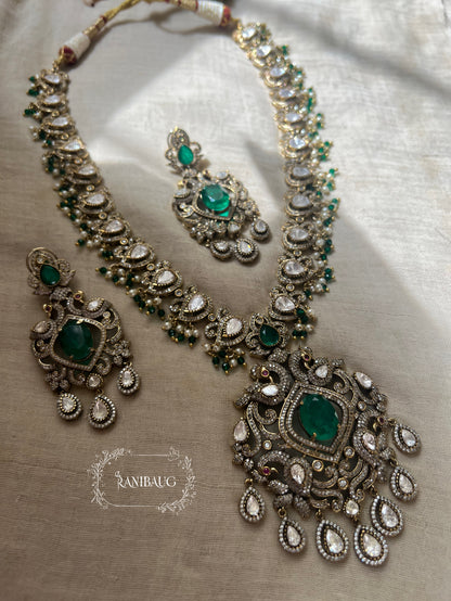 Sanishta Victorian Necklace Set  With Polki Kundan Studs Emerald Ruby Stones By Ranibaug