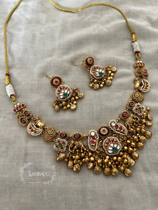 Sanskruti Rich Gold Finish Polki Studded And Beaded Heritage Choker With Golden Bead Fringe By Ranibaug