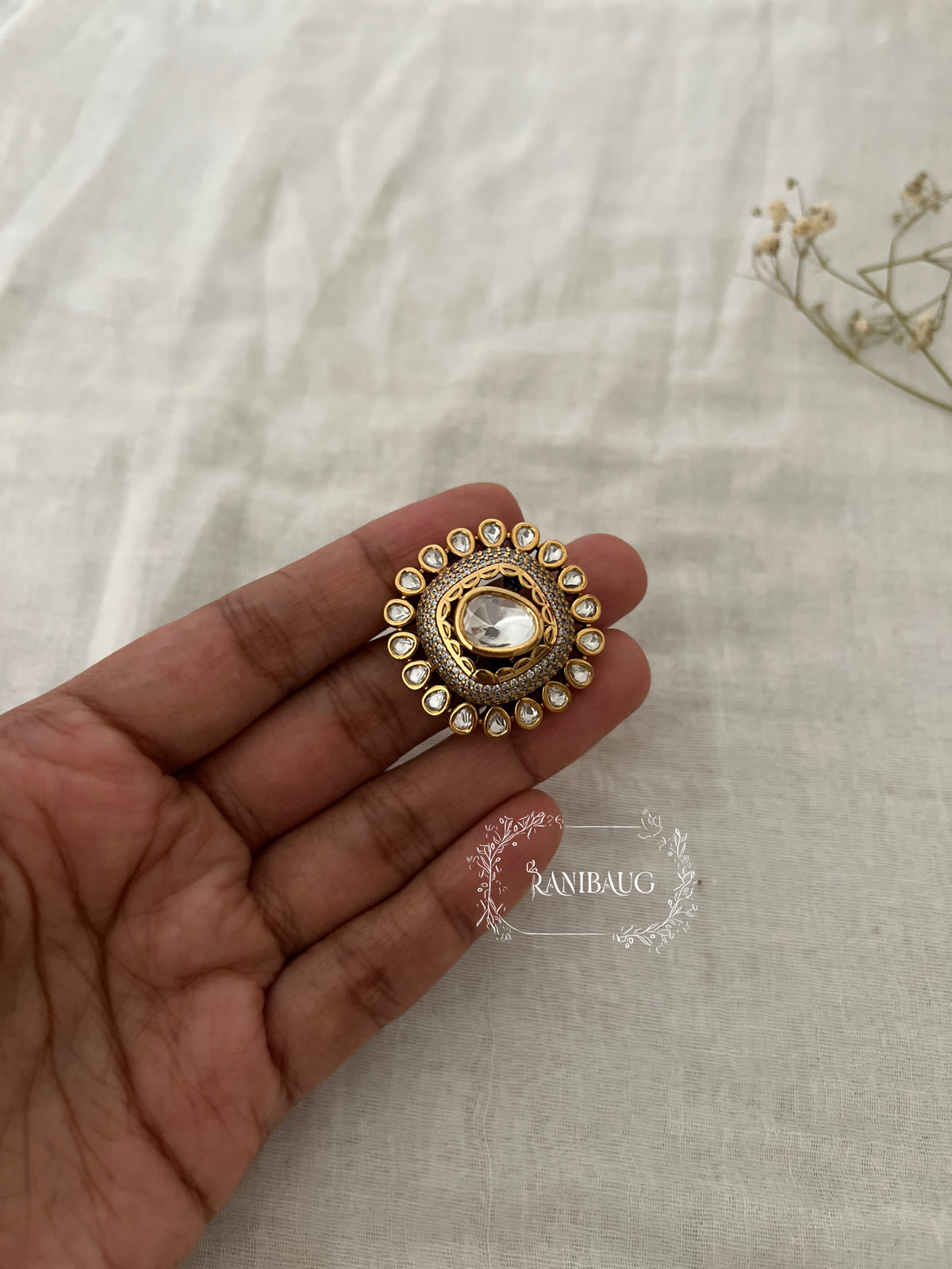 Santu Indian Traditional Polki Kundan Gold Finish Statement Ring By Ranibaug