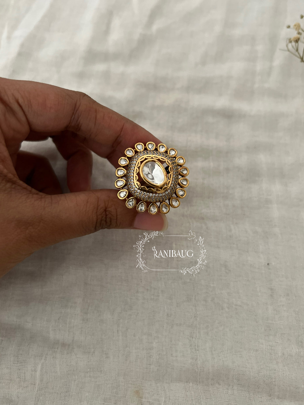 Santu Indian Traditional Polki Kundan Gold Finish Statement Ring By Ranibaug