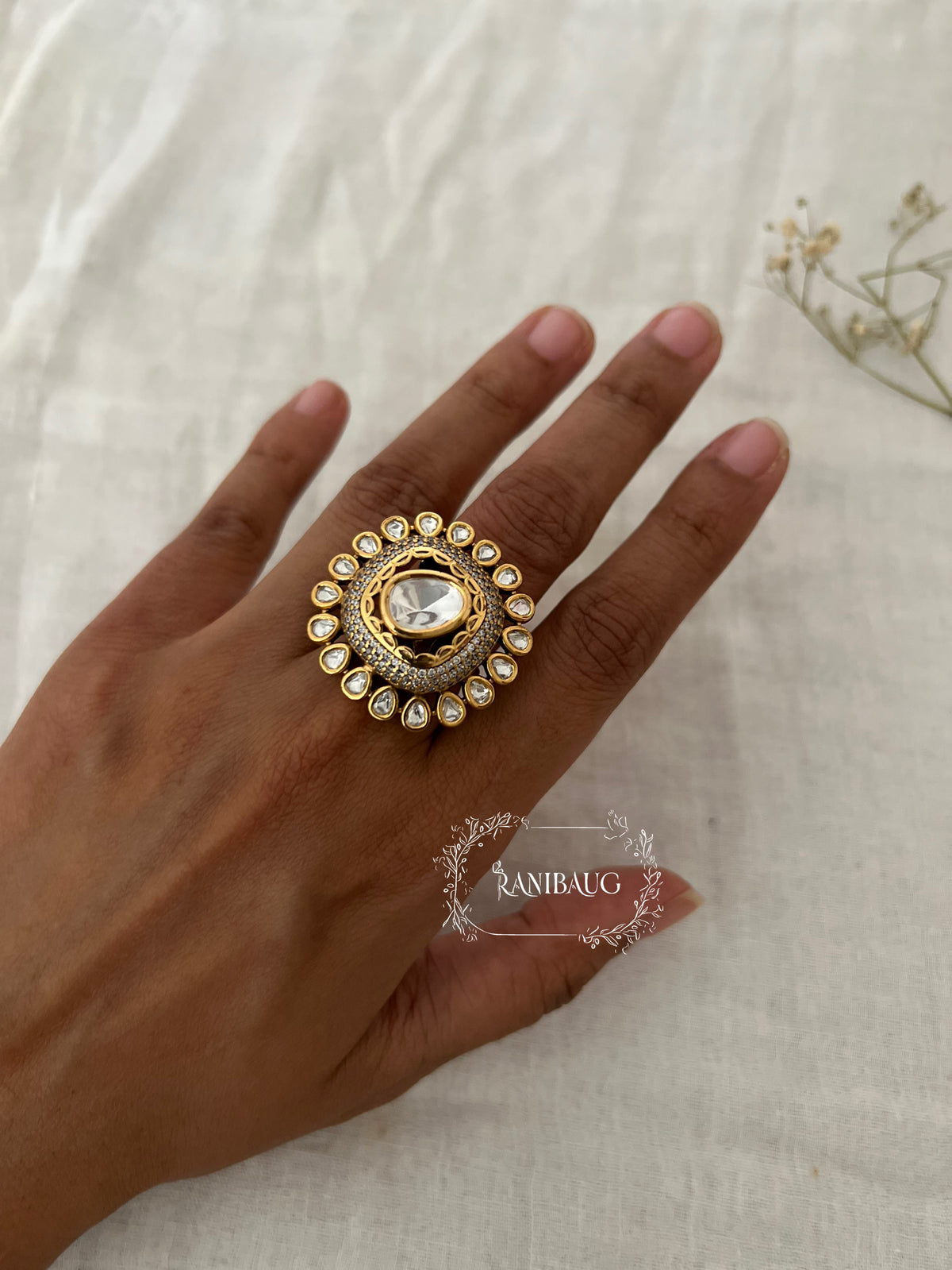 Santu Indian Traditional Polki Kundan Gold Finish Statement Ring By Ranibaug