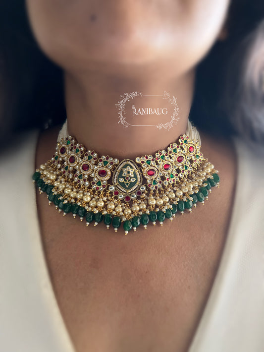 Sanvi Paachi Kundan Work Pearl Adorned Beaded Floral Premium Gold Plated Heritage Necklace Set By Ranibaug
