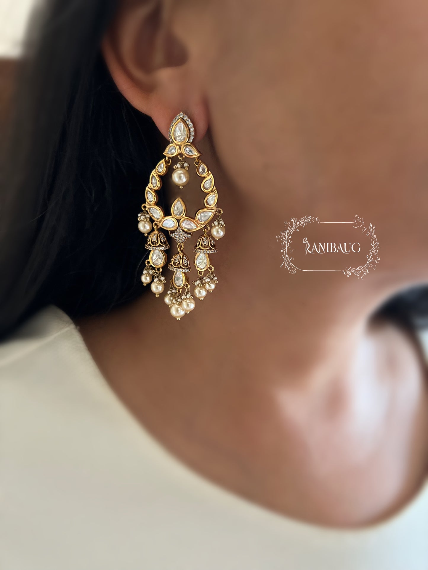 Sara Heavy Polki Kundan Studded Gold Plated Drop Earrings For Wedding By Ranibaug