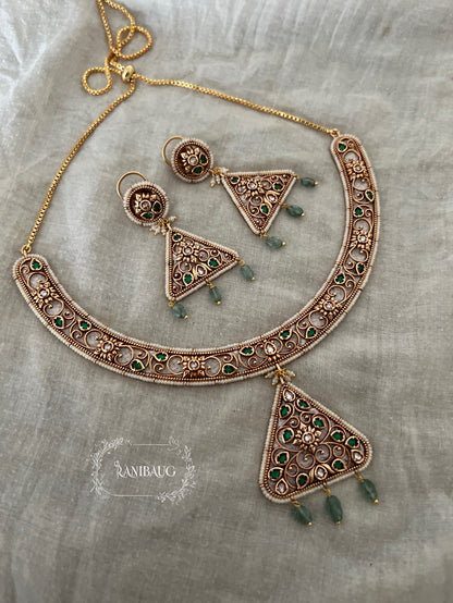 Saranshi Unique Triangular Heritage Gold Necklace Jewellery Set By Ranibaug