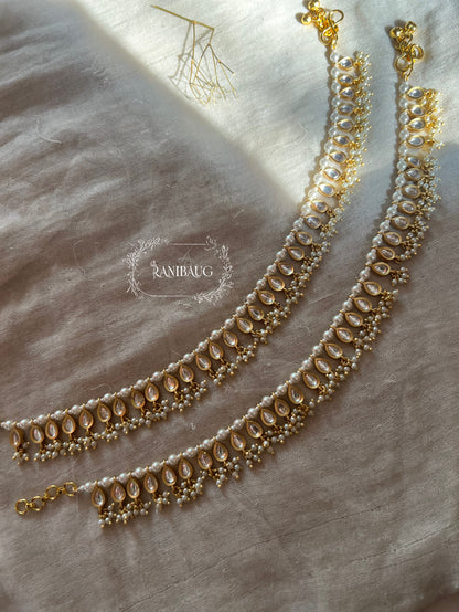 Sarla Teardrop Polki Gold Plated Ankle Chain Adorned With Pearl Fringe Perfect Choice Of Payal For Saree By Ranibaug