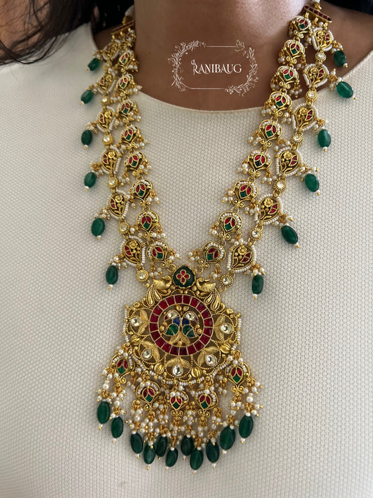 Saroj Gold Finish Emerald Ruby Accent Festive Designer Heritage Jewellery Set By Ranibaug