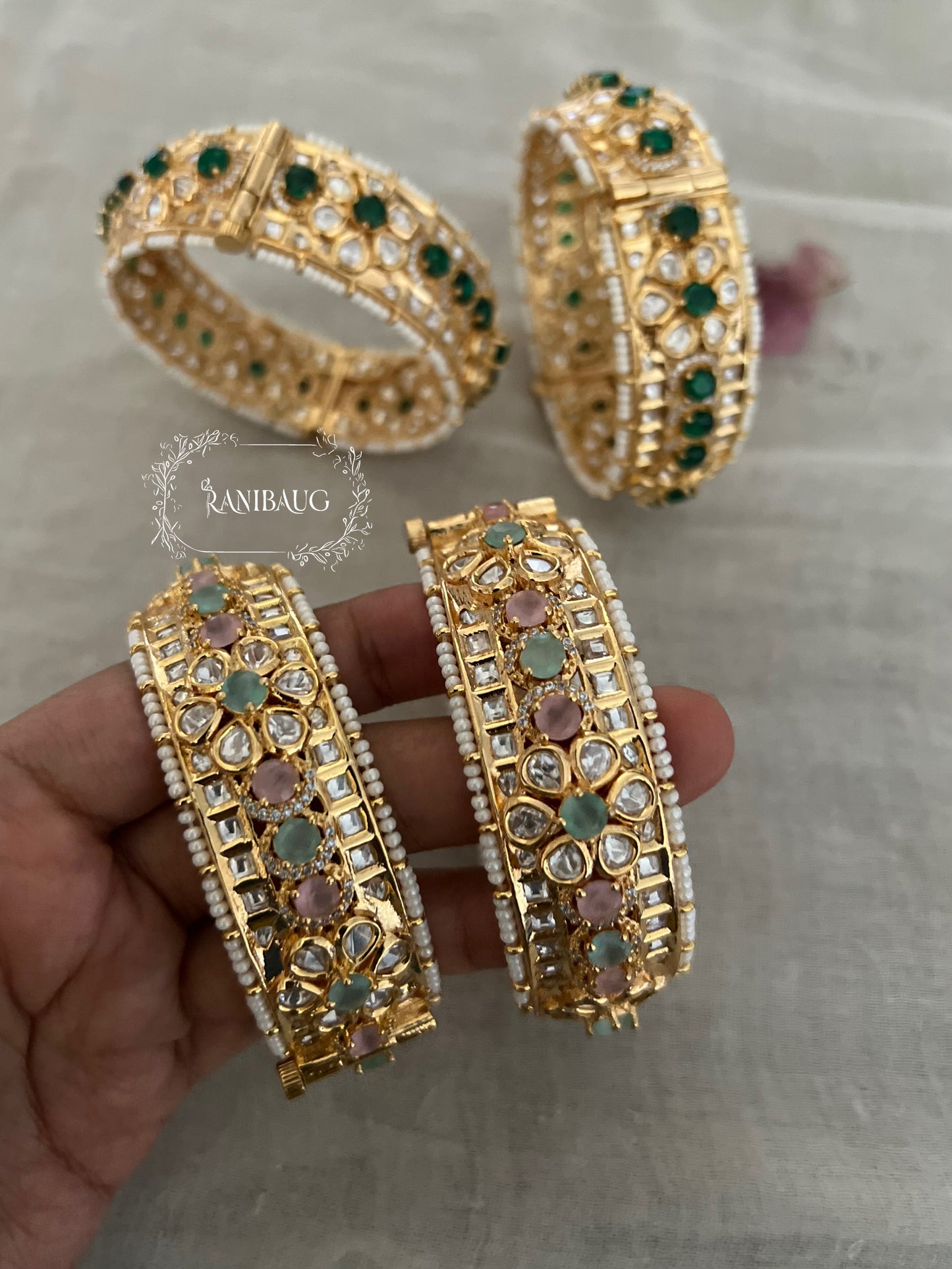 Sasha Gemstone And Polki Bangle In Premium Gold Finish By Ranibaug