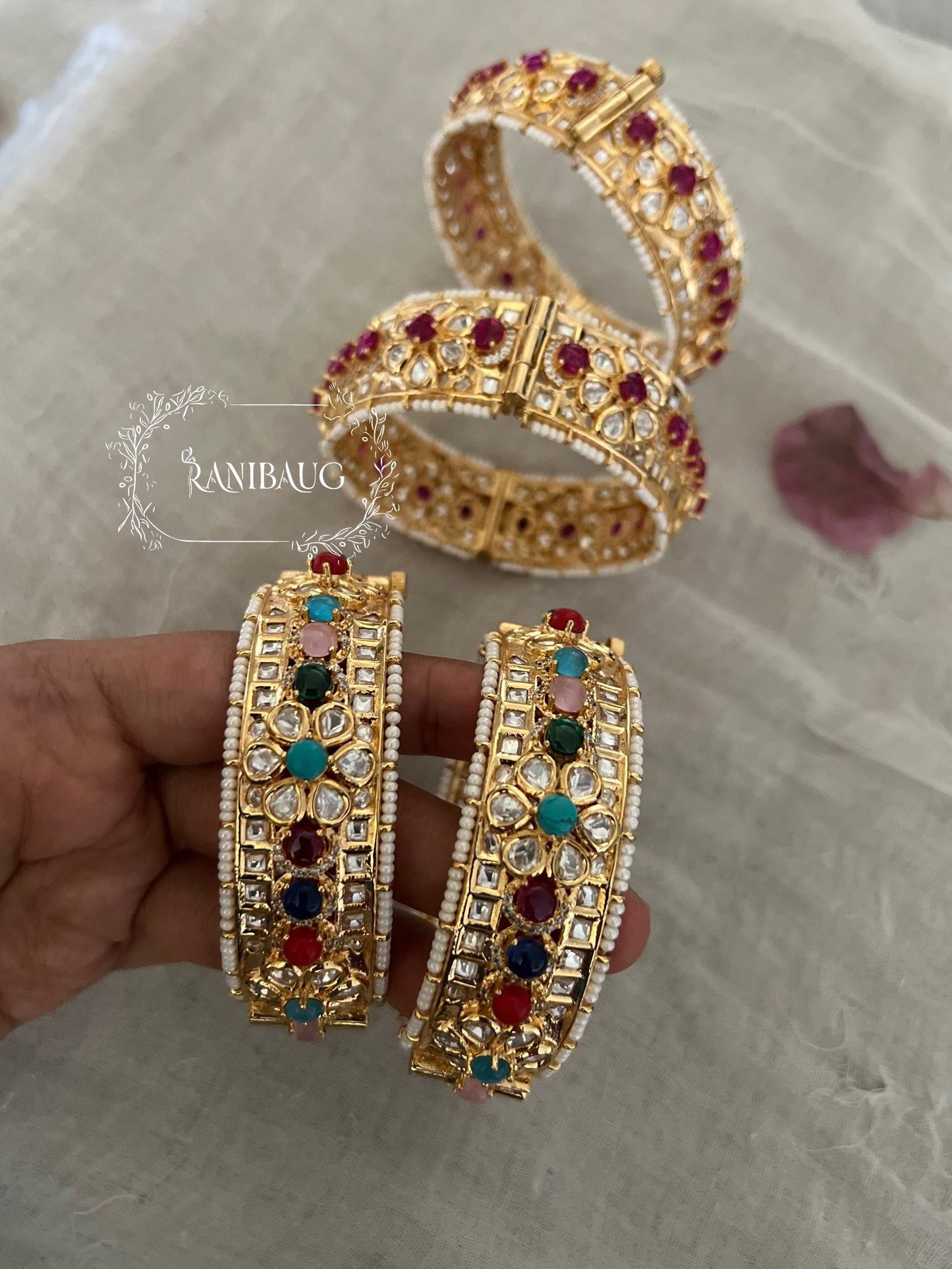 Sasha Gemstone And Polki Bangle In Premium Gold Finish By Ranibaug