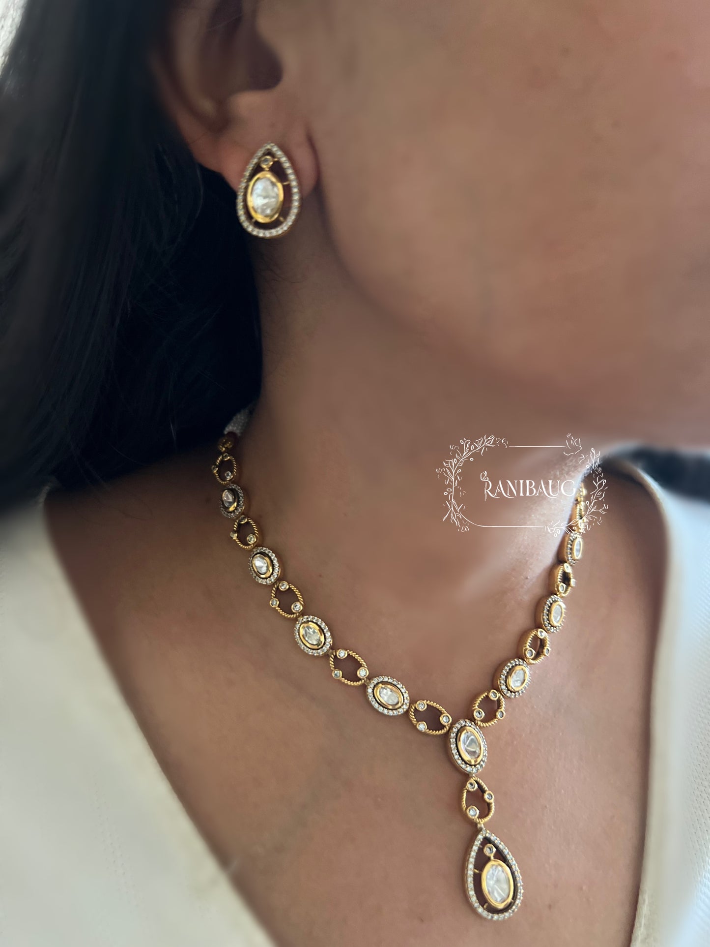 Sasha Gold Finish Teardrop Motif Polki Kundan Necklace Set By Ranibaug | 2025 2026