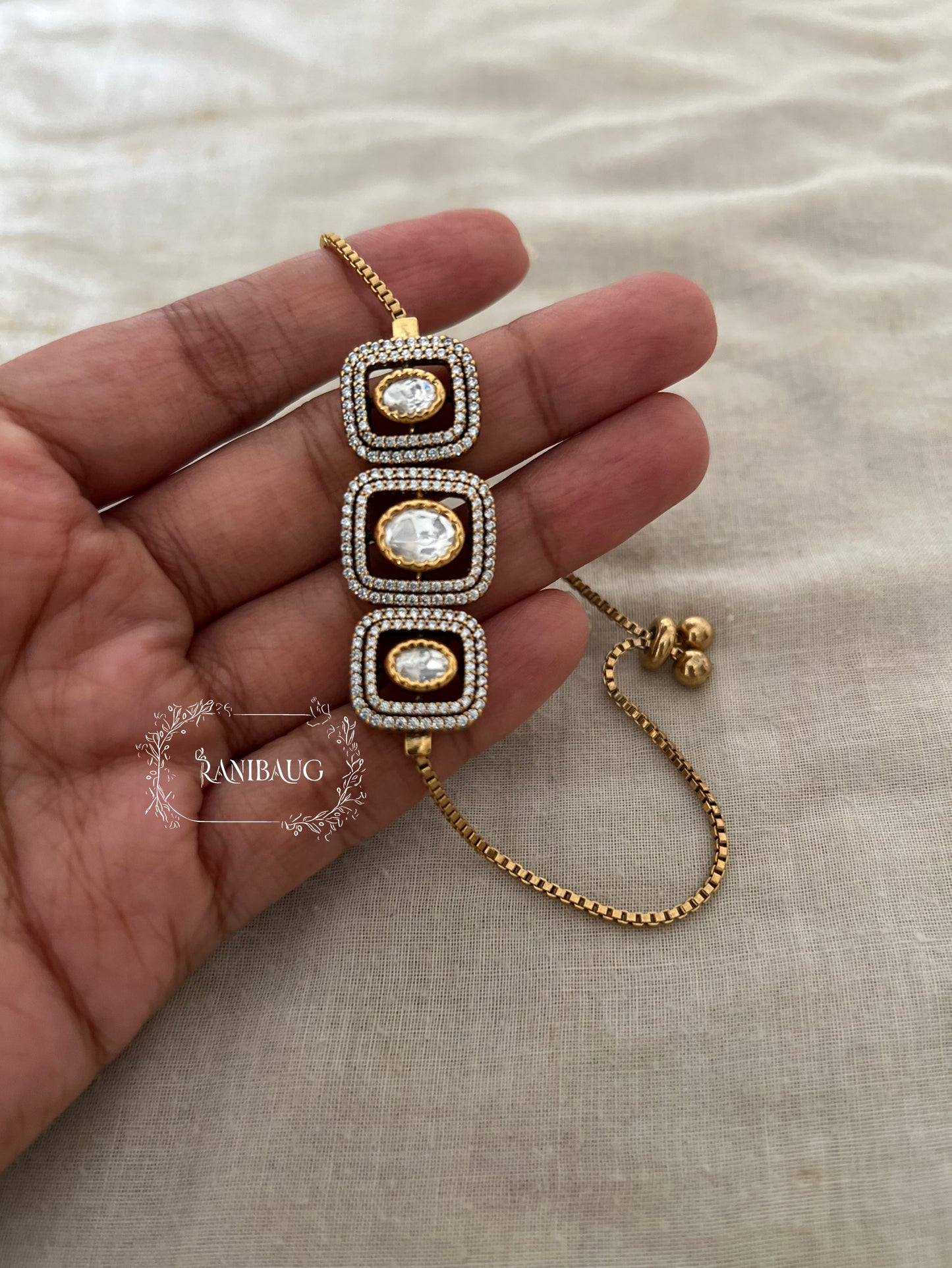 Sasha Round Polki In Square Frame Premium Gold Finish Festive Bracelet By Ranibaug