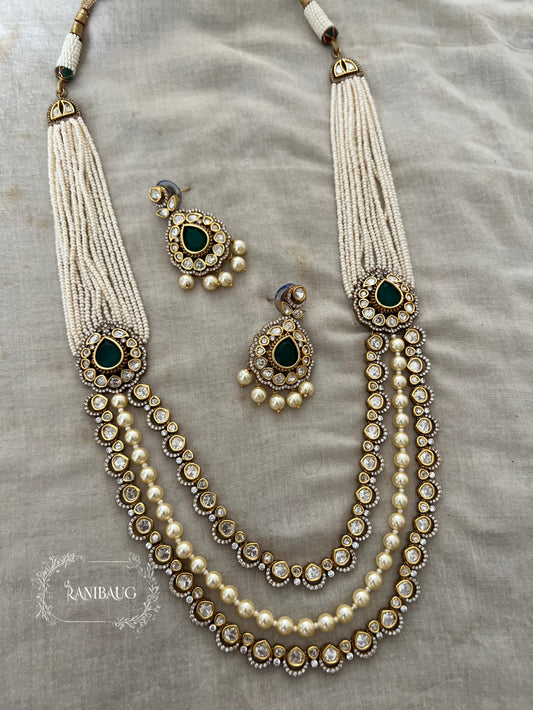 Saumya 3 Layered Vintage Polki And Pearl Studded Long Necklace Festive Jewellery By Ranibaug