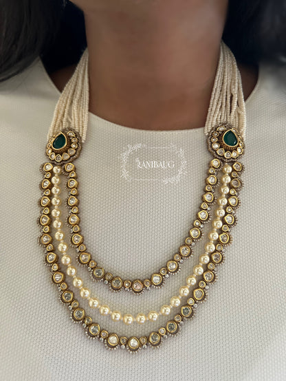 Saumya 3 Layered Vintage Polki And Pearl Studded Long Necklace Festive Jewellery By Ranibaug