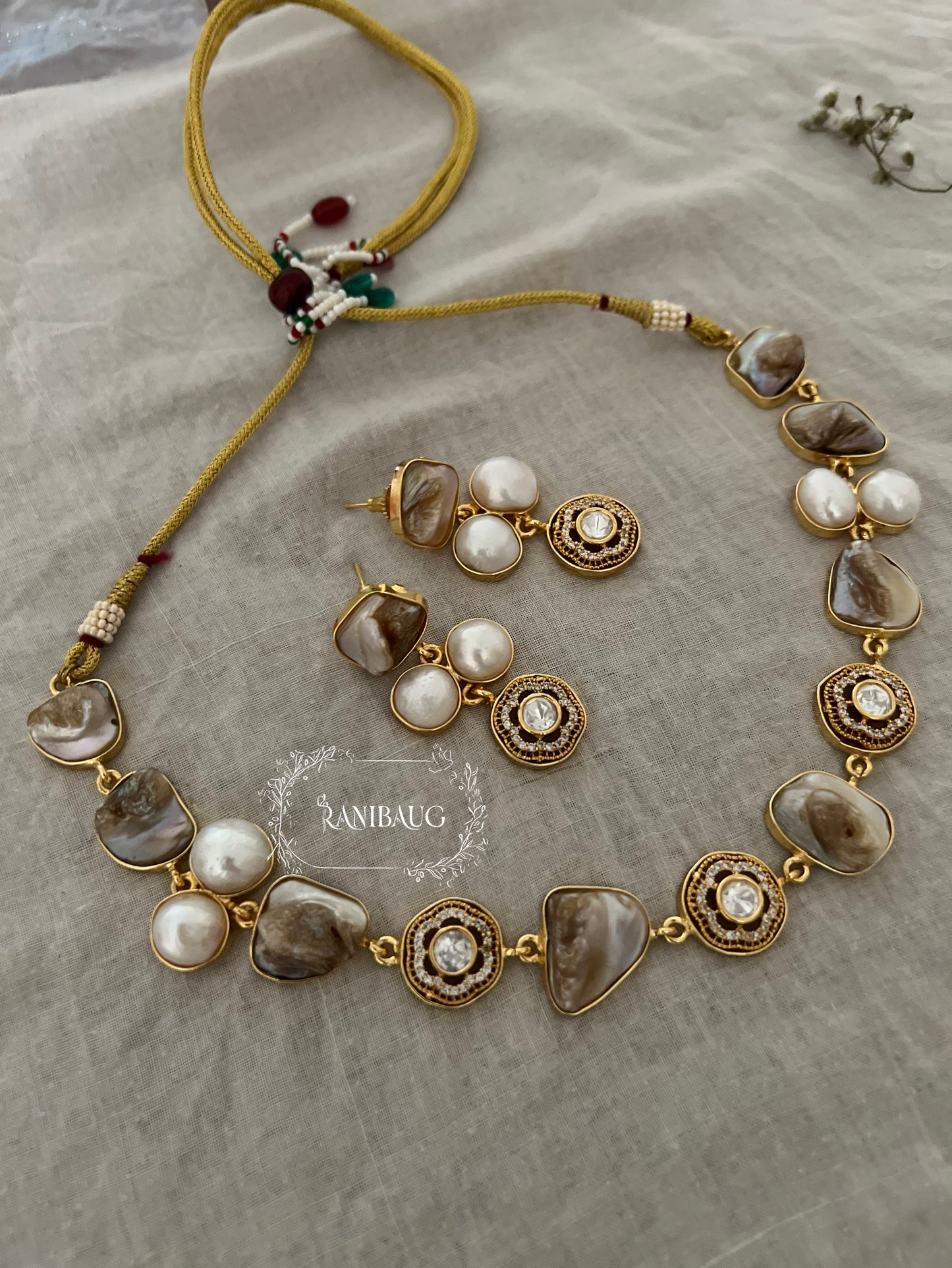 Saumya Gold Finish And Minimal Jewellery Set Adorned With Real Baroque Pearl And Agate Motifs By Ranibaug | Semi Precious Jewellery Collection 2026