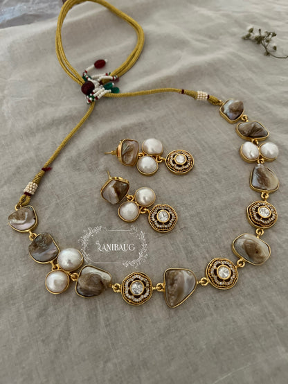 Saumya Gold Finish And Minimal Jewellery Set Adorned With Real Baroque Pearl And Agate Motifs By Ranibaug | Semi Precious Jewellery Collection 2026