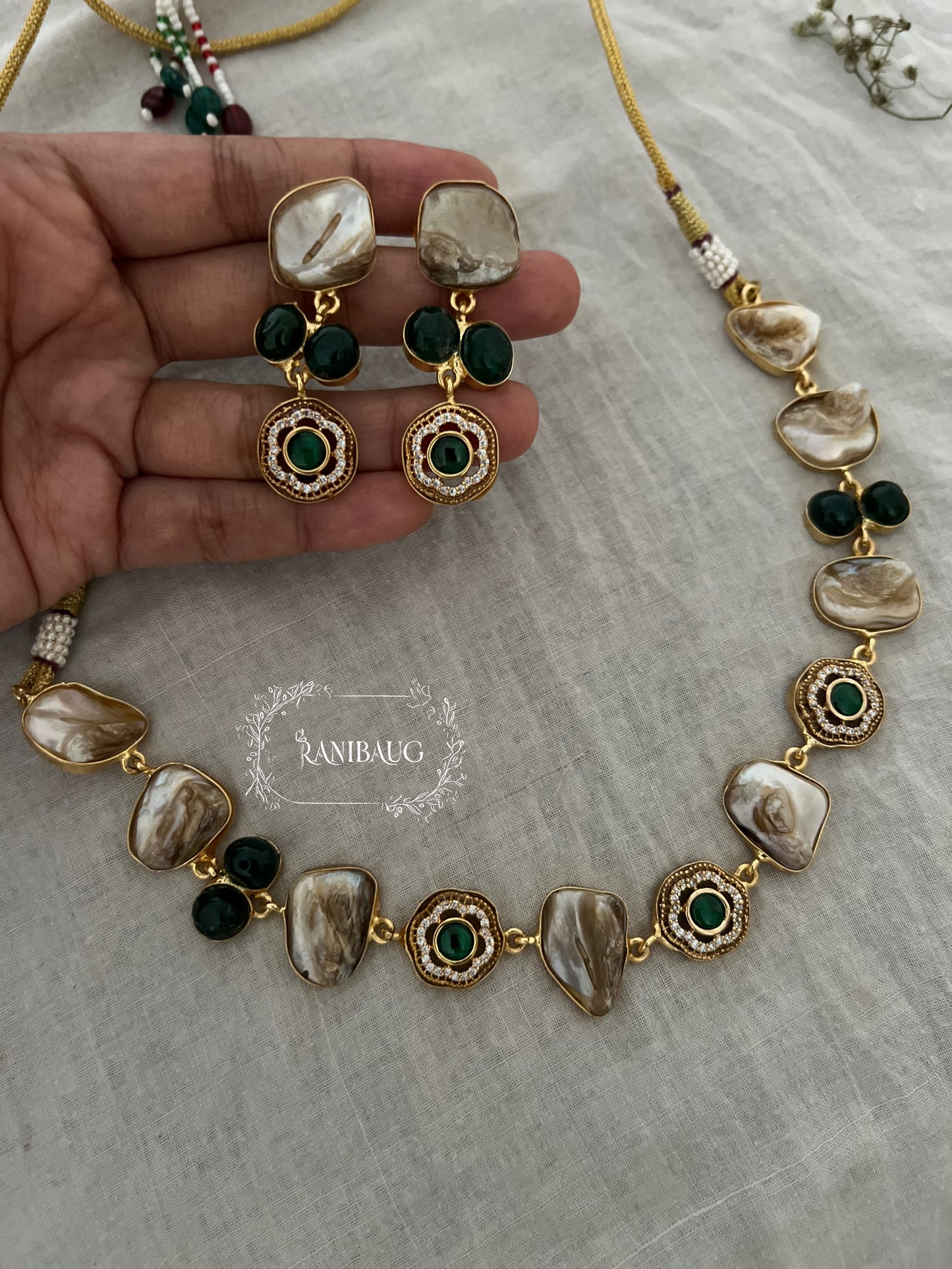 Saumya Gold Finish And Minimal Jewellery Set Adorned With Real Baroque Pearl And Agate Motifs By Ranibaug | Semi Precious Jewellery Collection 2026