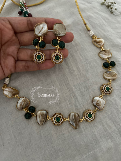 Saumya Gold Finish And Minimal Jewellery Set Adorned With Real Baroque Pearl And Agate Motifs By Ranibaug | Semi Precious Jewellery Collection 2026