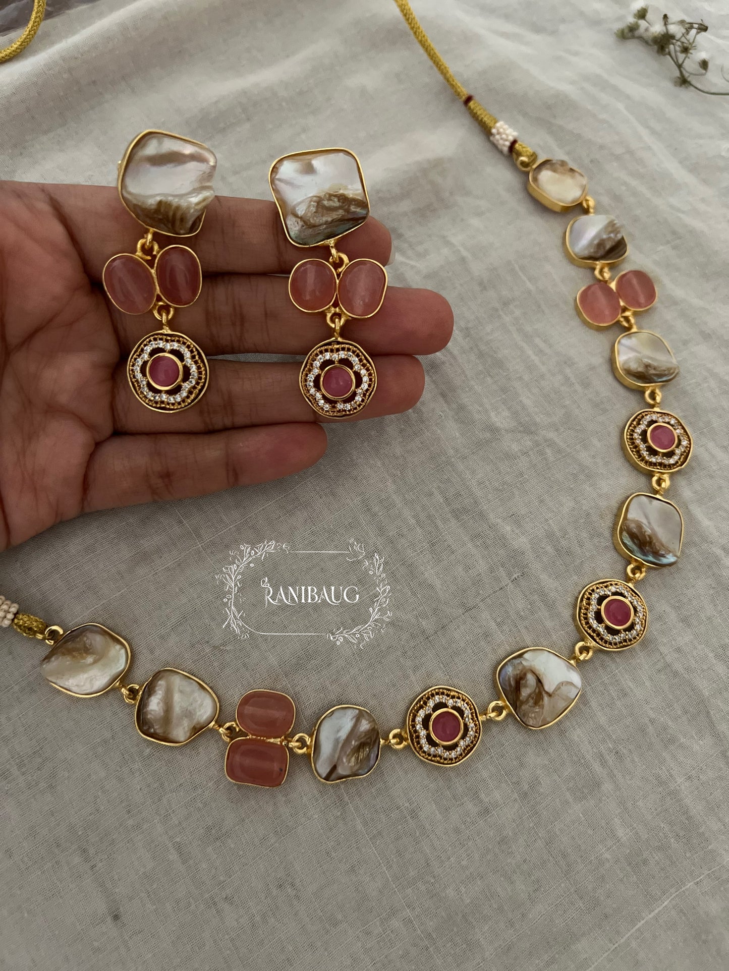 Saumya Gold Finish And Minimal Jewellery Set Adorned With Real Baroque Pearl And Agate Motifs By Ranibaug | Semi Precious Jewellery Collection 2026
