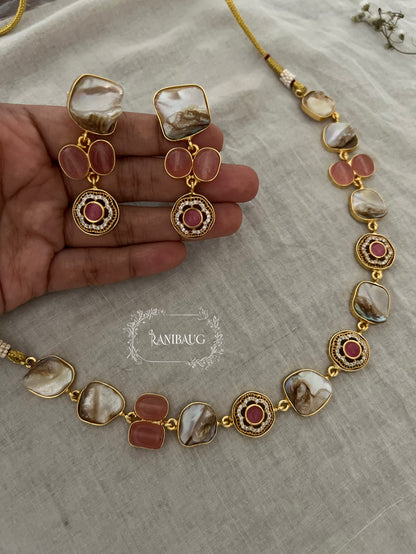 Saumya Gold Finish And Minimal Jewellery Set Adorned With Real Baroque Pearl And Agate Motifs By Ranibaug | Semi Precious Jewellery Collection 2026