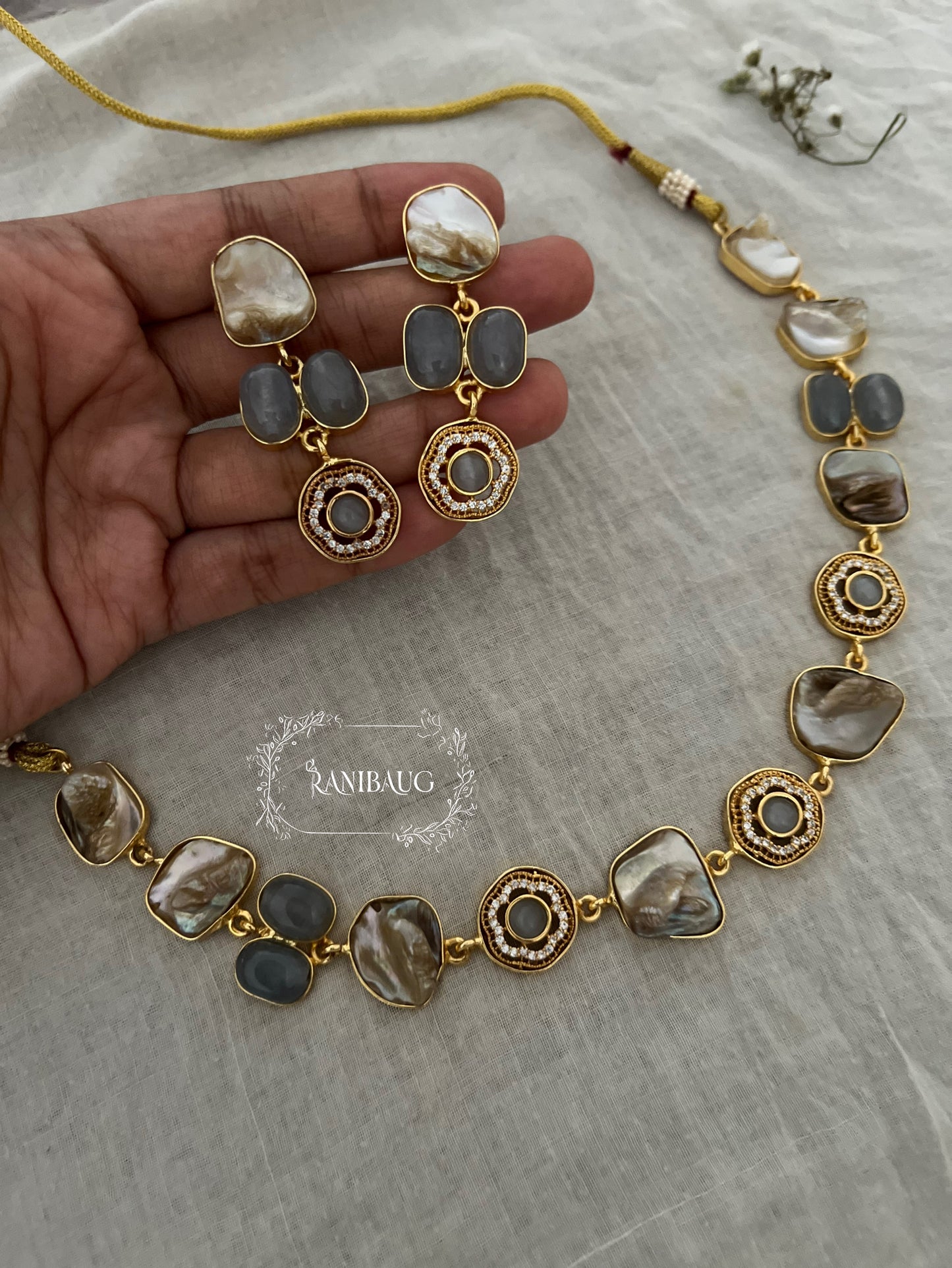 Saumya Gold Finish And Minimal Jewellery Set Adorned With Real Baroque Pearl And Agate Motifs By Ranibaug | Semi Precious Jewellery Collection 2026