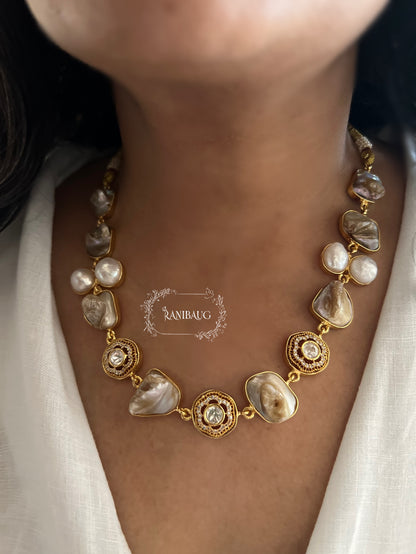 Saumya Gold Finish And Minimal Jewellery Set Adorned With Real Baroque Pearl And Agate Motifs By Ranibaug | Semi Precious Jewellery Collection 2026