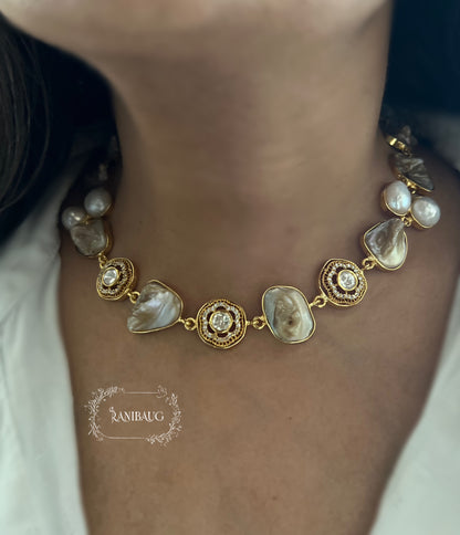 Saumya Gold Finish And Minimal Jewellery Set Adorned With Real Baroque Pearl And Agate Motifs By Ranibaug | Semi Precious Jewellery Collection 2026