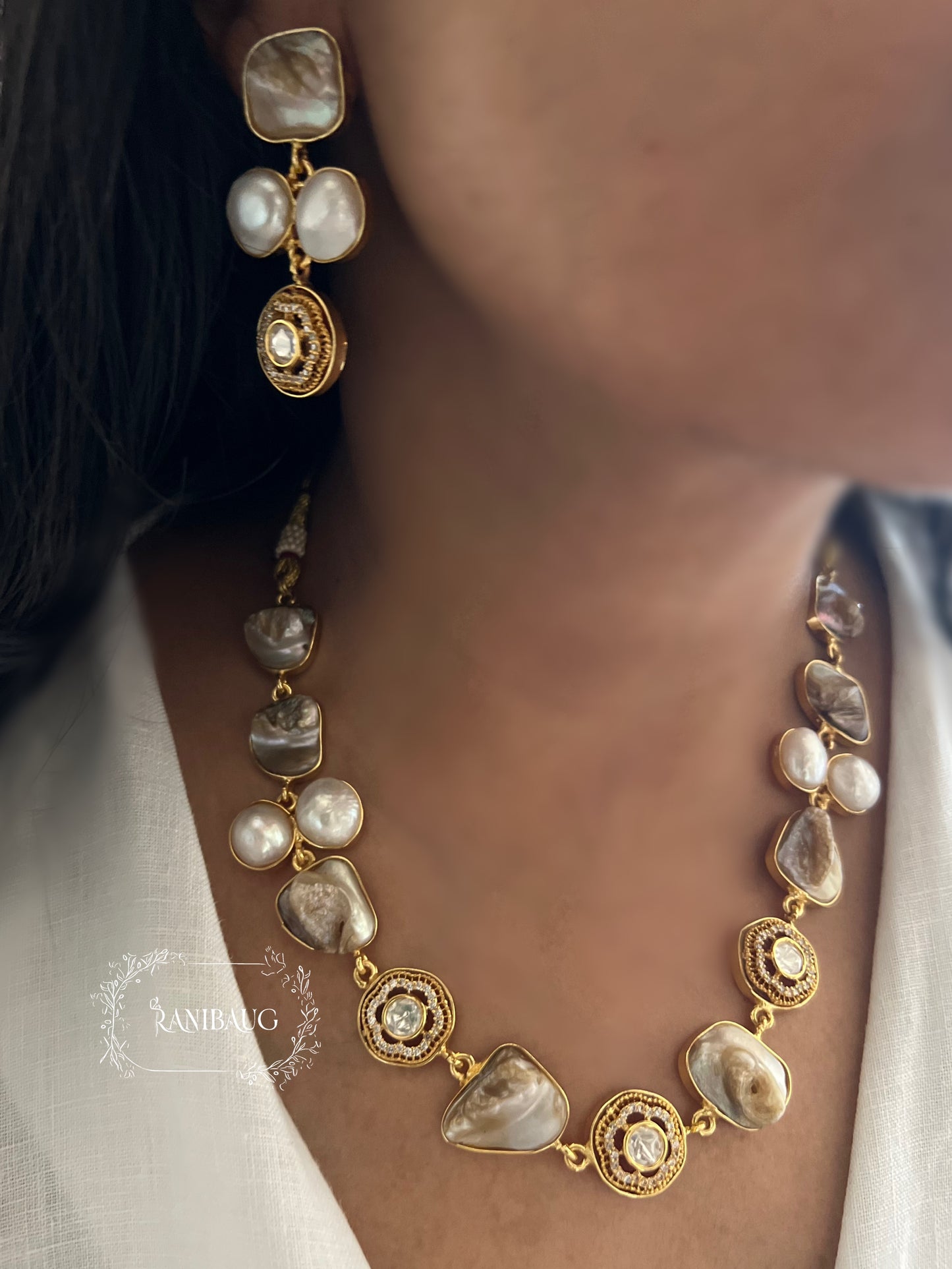 Saumya Gold Finish And Minimal Jewellery Set Adorned With Real Baroque Pearl And Agate Motifs By Ranibaug | Semi Precious Jewellery Collection 2026