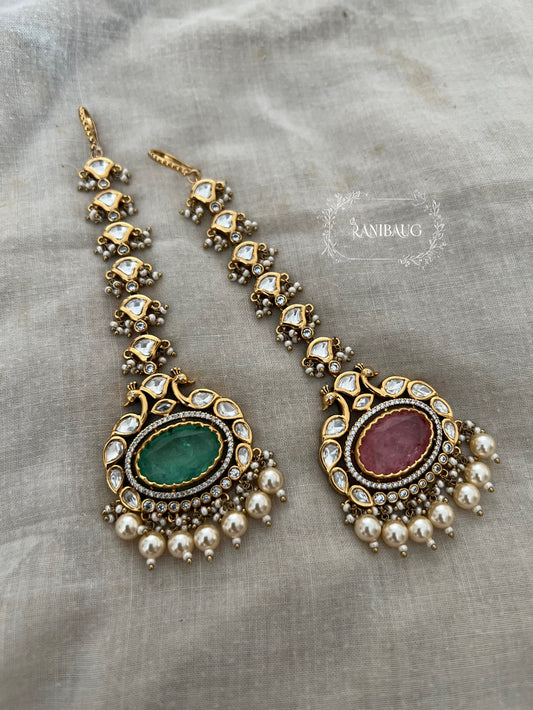 Saumya Peacock Motif Gold Plated Polki Kundan Maang Tikka With Pearl Clusters By Ranibaug | Maang Tikka Collection 2026