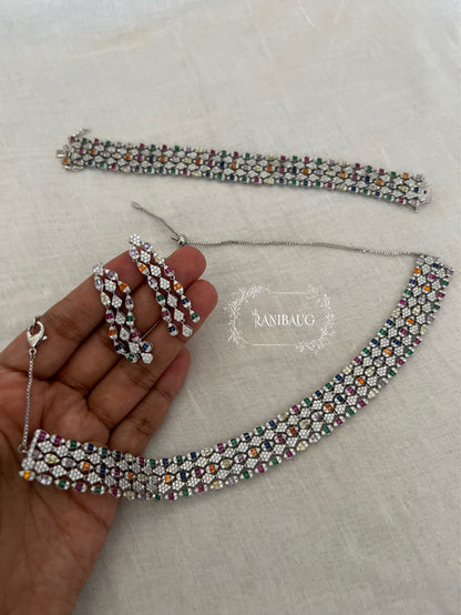 Savika Silver Rhodium Finish Multi Colored Diamond Choker Necklace Set By Ranibaug