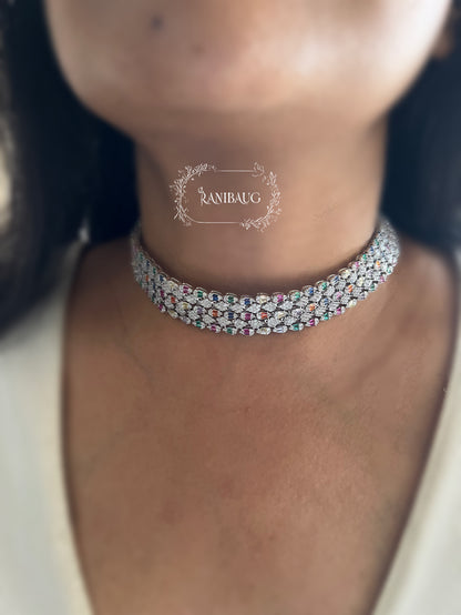 Savika Silver Rhodium Finish Multi Colored Diamond Choker Necklace Set By Ranibaug