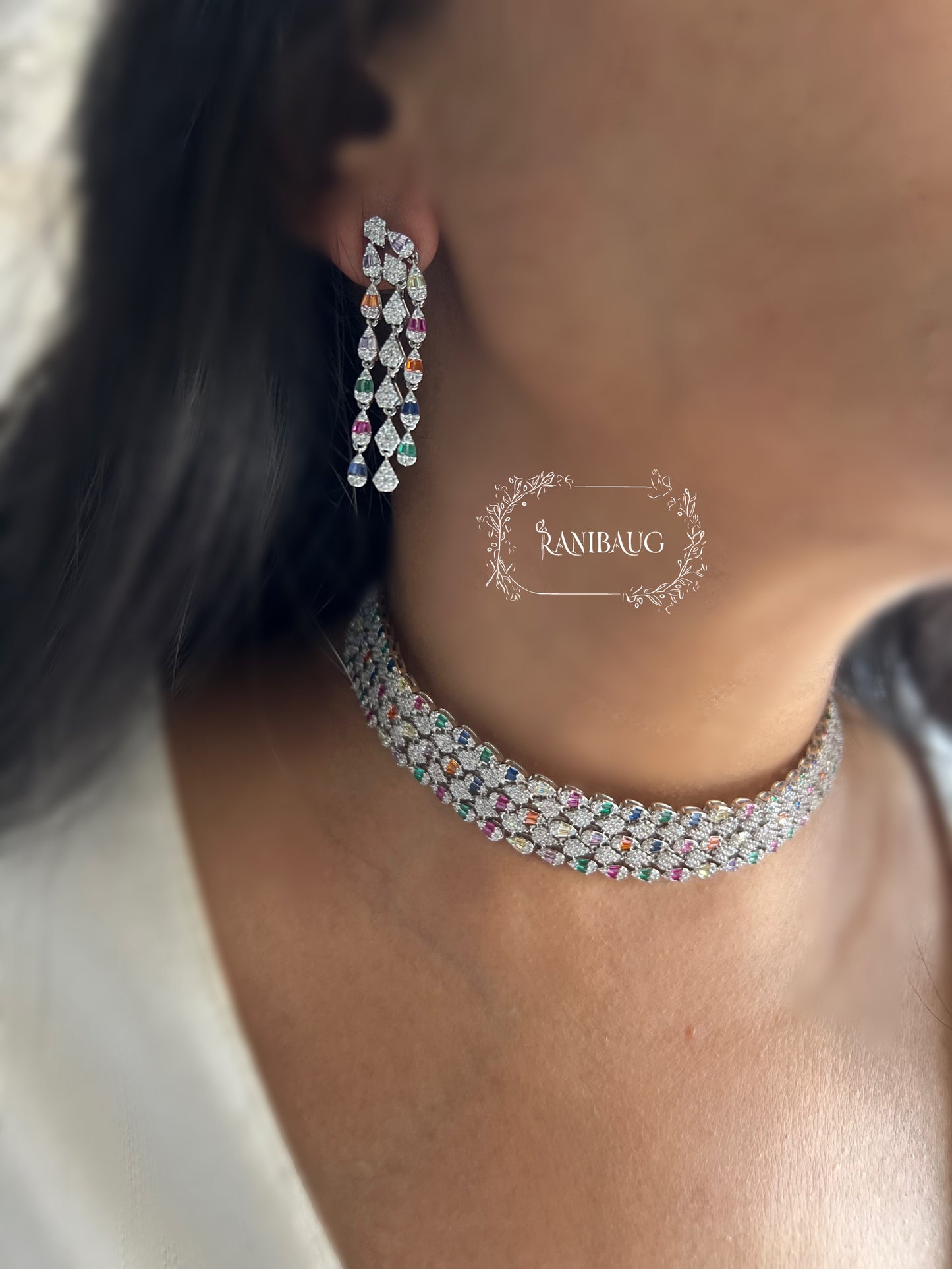 Savika Silver Rhodium Finish Multi Colored Diamond Choker Necklace Set By Ranibaug