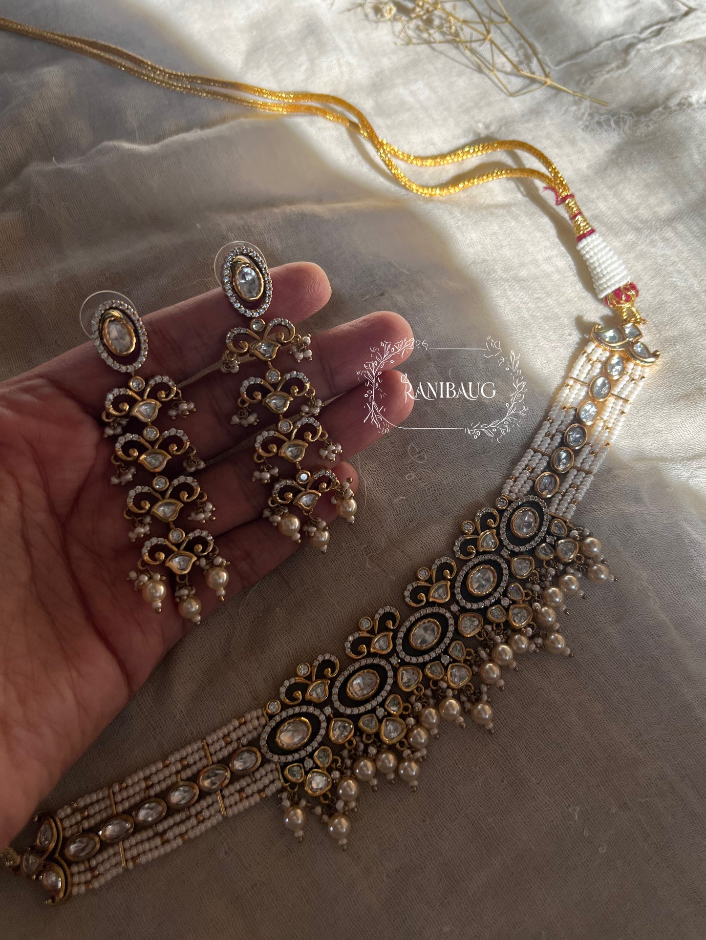 Sayali Polki Studded Pearl Vintage Royal Court Statement Necklace Jewellery Set By Ranibaug | 2026 Royal Jewelry Collection