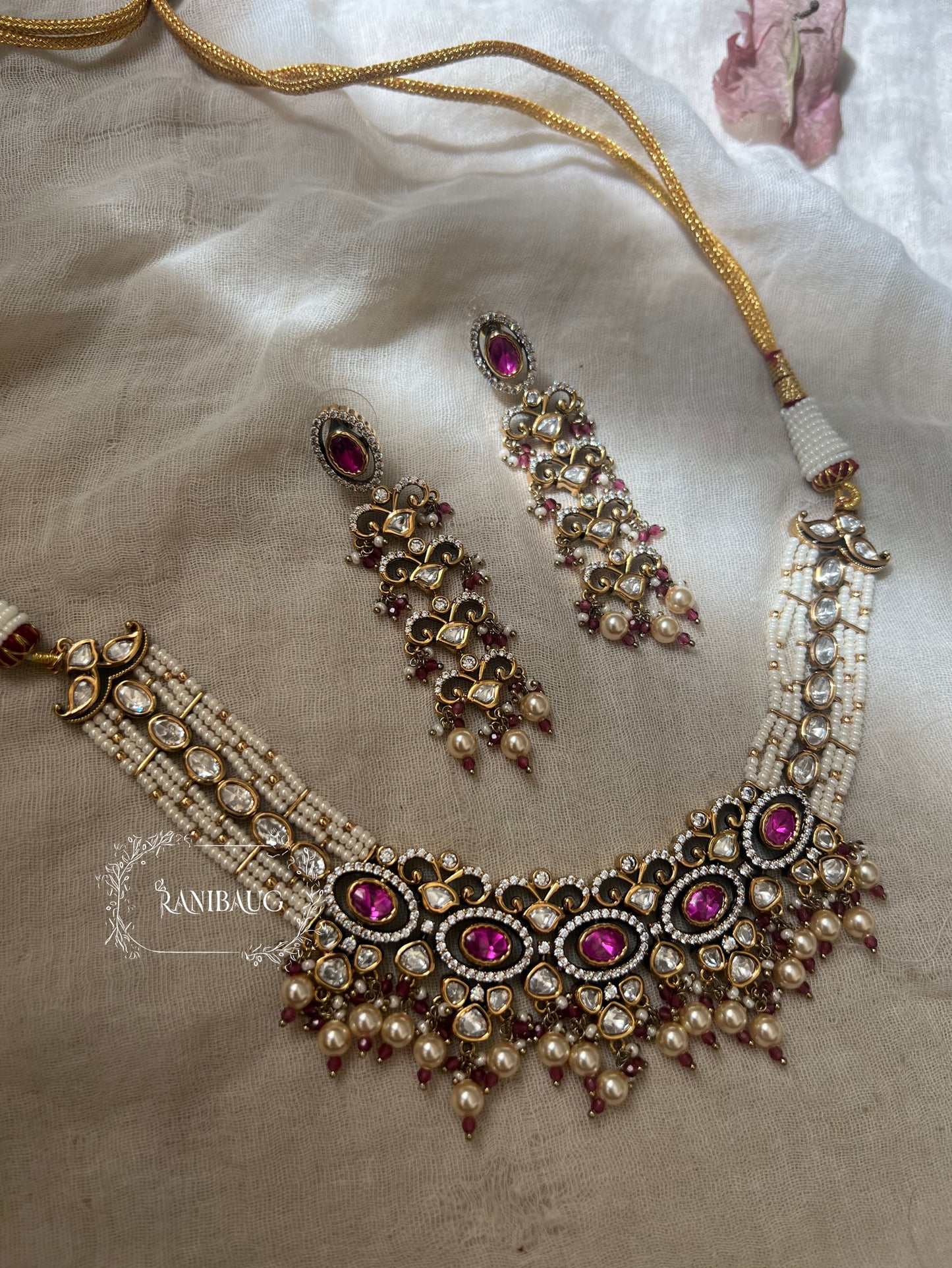 Sayali Polki Studded Pearl Vintage Royal Court Statement Necklace Jewellery Set By Ranibaug | 2026 Royal Jewelry Collection