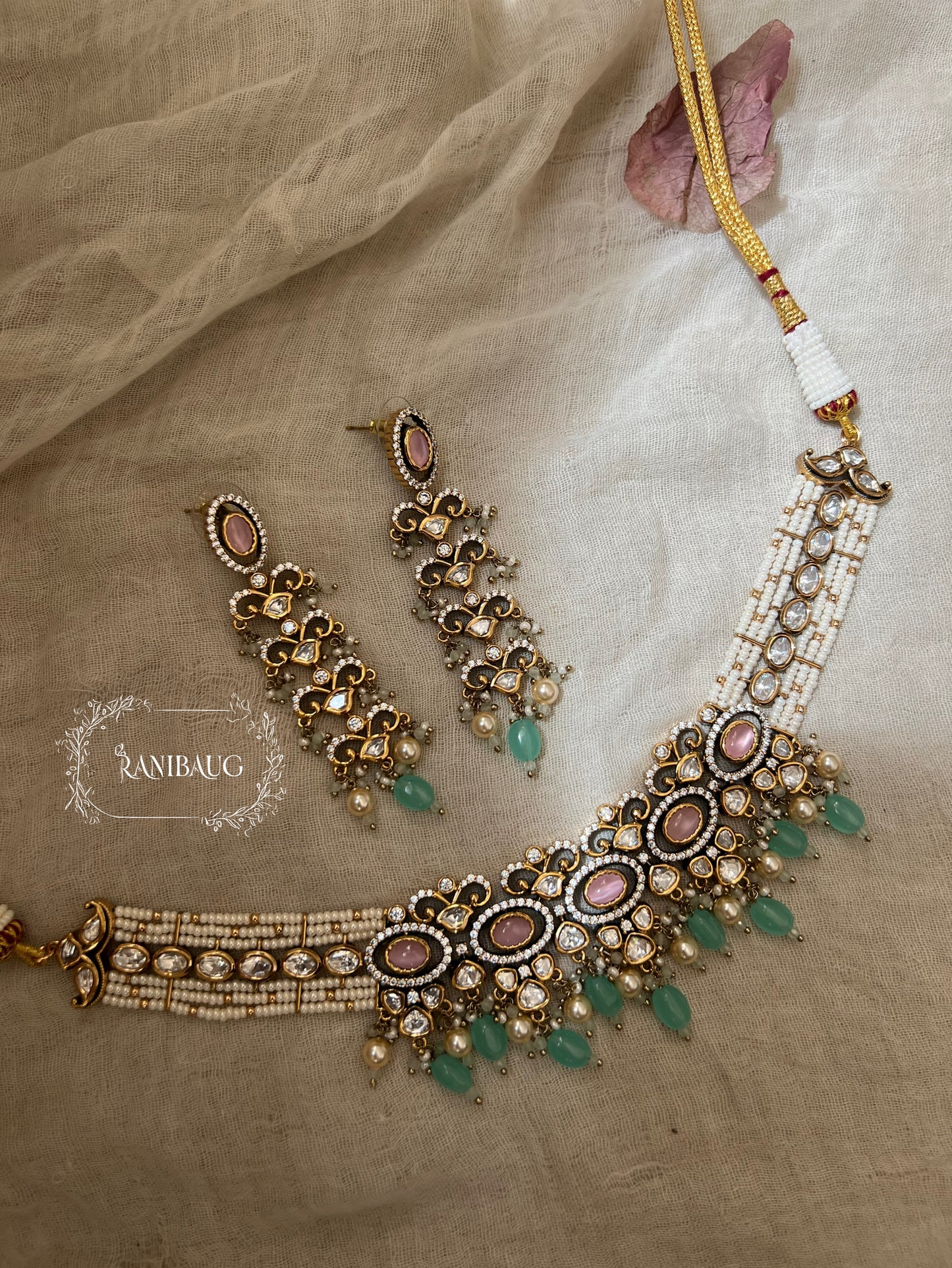 Sayali Polki Studded Pearl Vintage Royal Court Statement Necklace Jewellery Set By Ranibaug | 2026 Royal Jewelry Collection