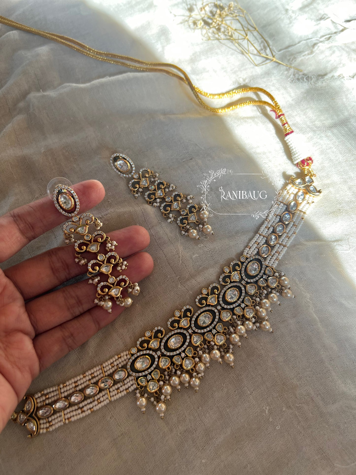 Sayali Polki Studded Pearl Vintage Royal Court Statement Necklace Jewellery Set By Ranibaug | 2026 Royal Jewelry Collection