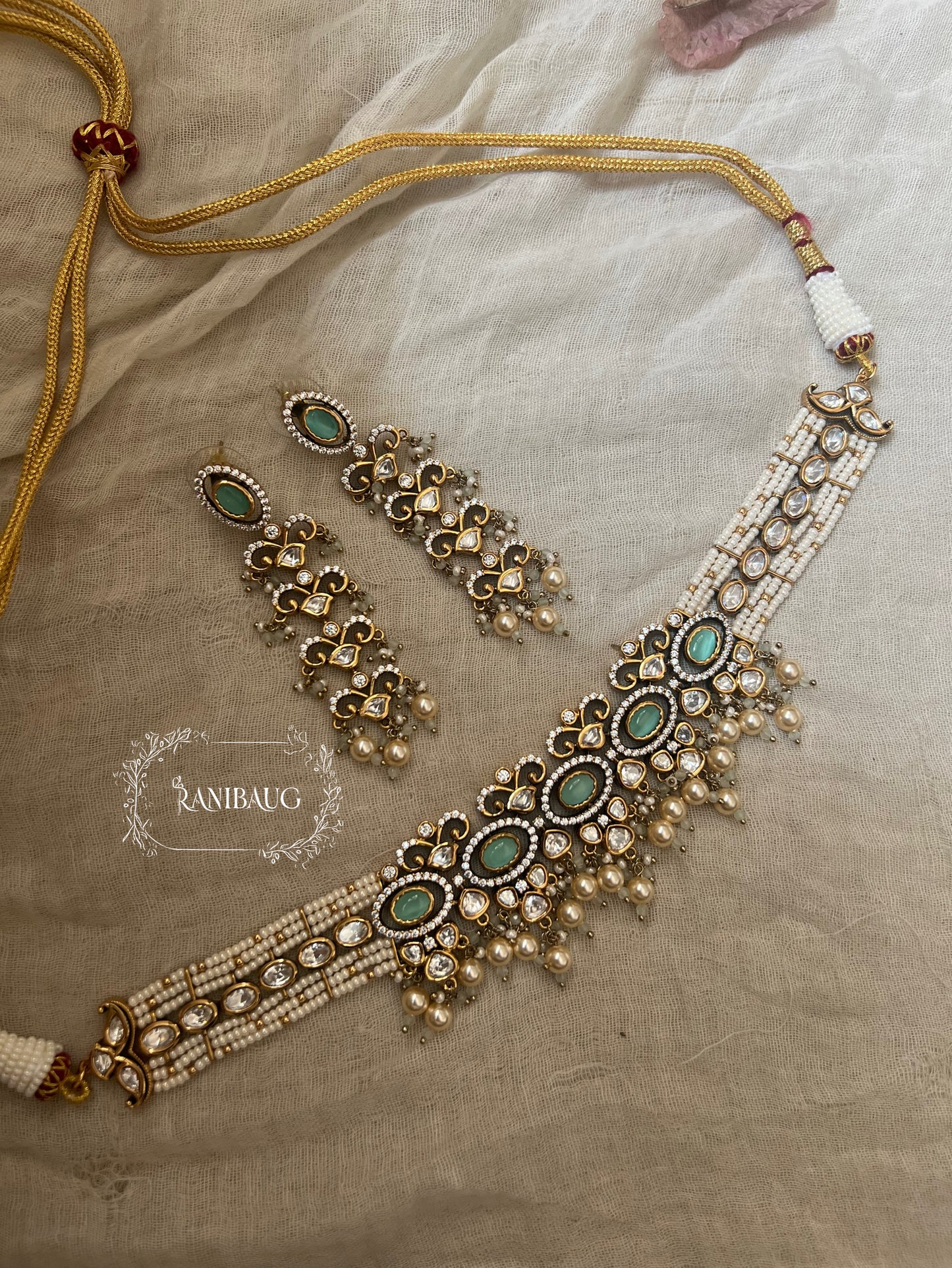 Sayali Polki Studded Pearl Vintage Royal Court Statement Necklace Jewellery Set By Ranibaug | 2026 Royal Jewelry Collection