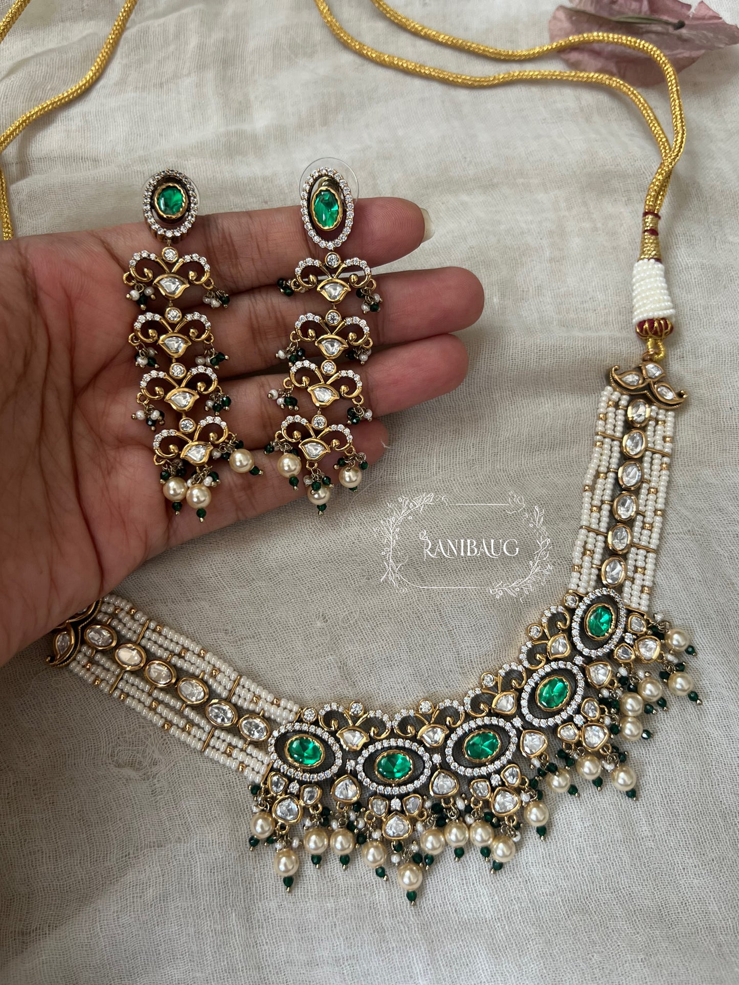 Sayali Polki Studded Pearl Vintage Royal Court Statement Necklace Jewellery Set By Ranibaug | 2026 Royal Jewelry Collection