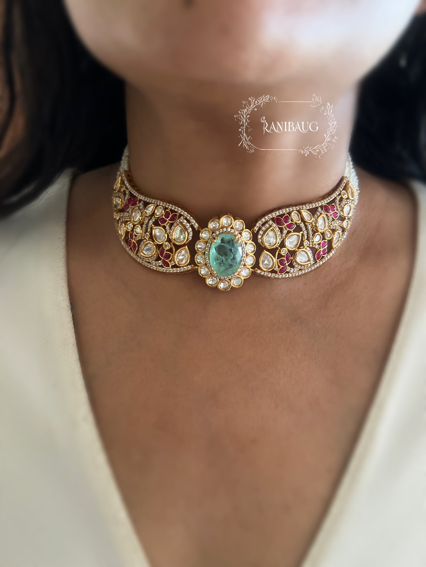 Sehej Meenakari Inspired Polki Enamel Work Gold Finish Choker Necklace Set By Ranibaug
