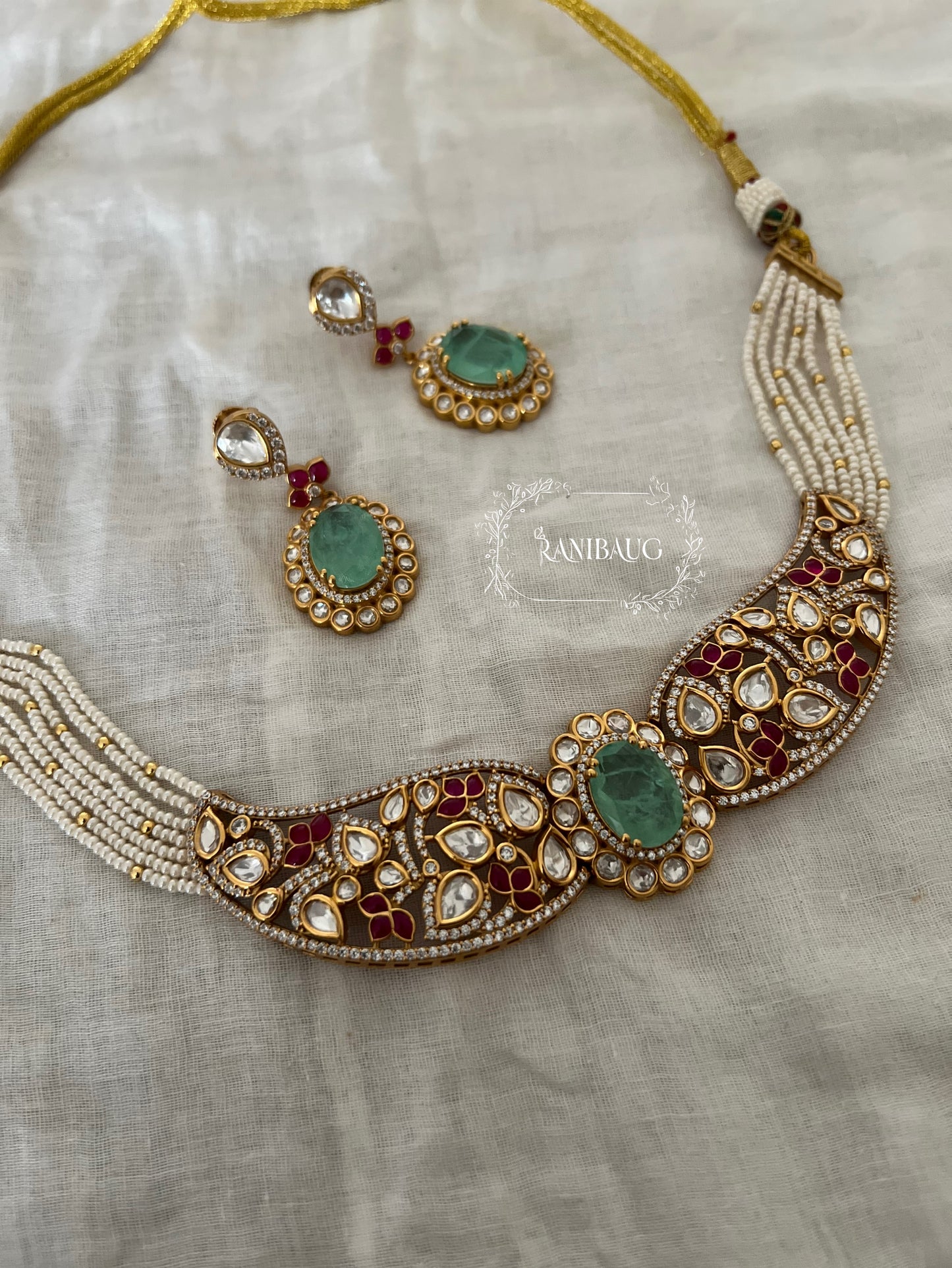 Sehej Meenakari Inspired Polki Enamel Work Gold Finish Choker Necklace Set By Ranibaug
