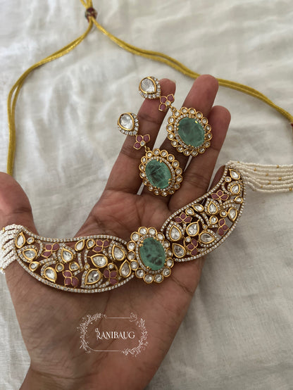 Sehej Meenakari Inspired Polki Enamel Work Gold Finish Choker Necklace Set By Ranibaug