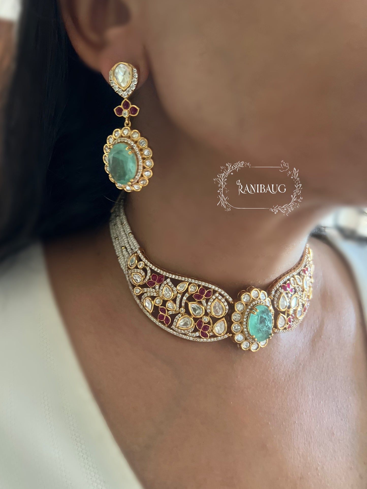 Sehej Meenakari Inspired Polki Enamel Work Gold Finish Choker Necklace Set By Ranibaug