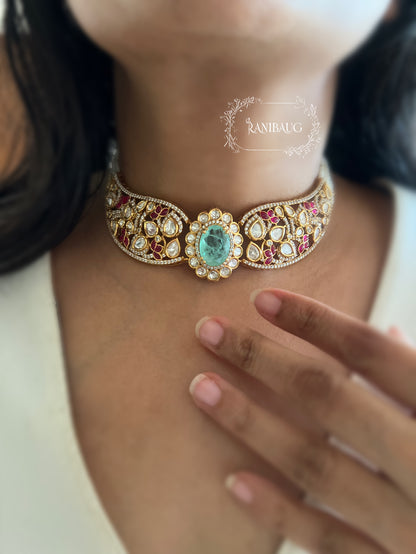 Sehej Meenakari Inspired Polki Enamel Work Gold Finish Choker Necklace Set By Ranibaug
