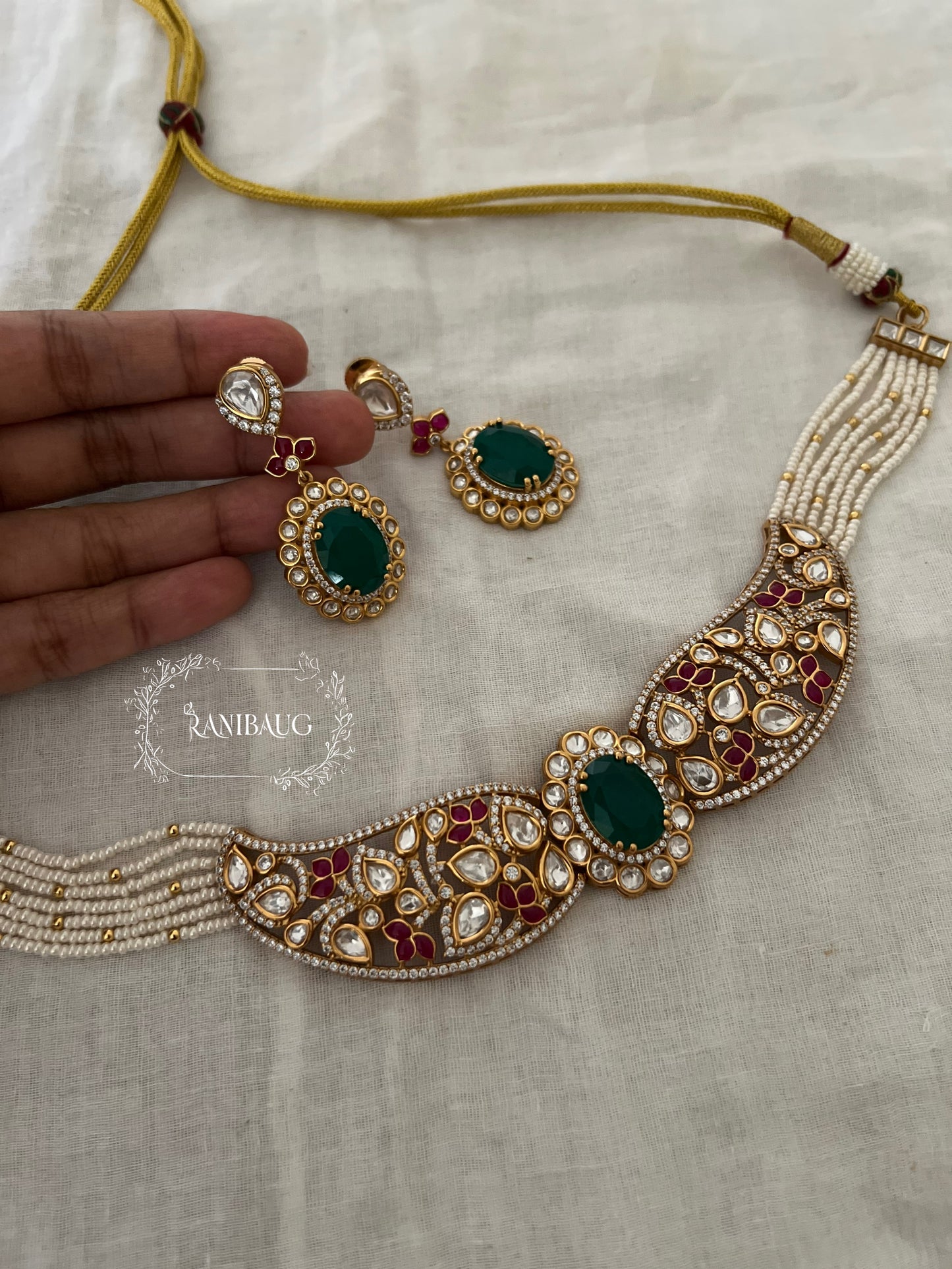 Sehej Meenakari Inspired Polki Enamel Work Gold Finish Choker Necklace Set By Ranibaug