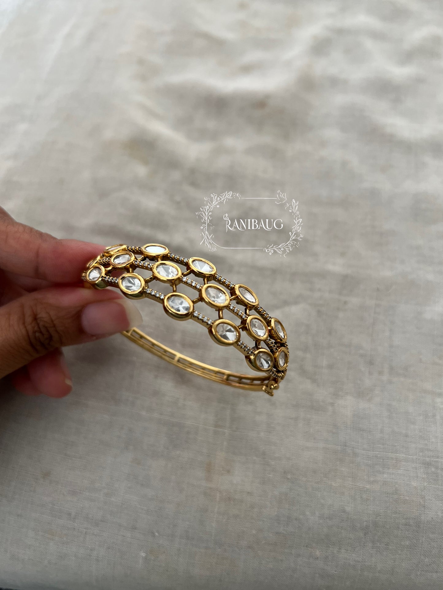 Seher Geometric Designer Gold Finish Polki Studded Three Layered Bracelet By Ranibaug