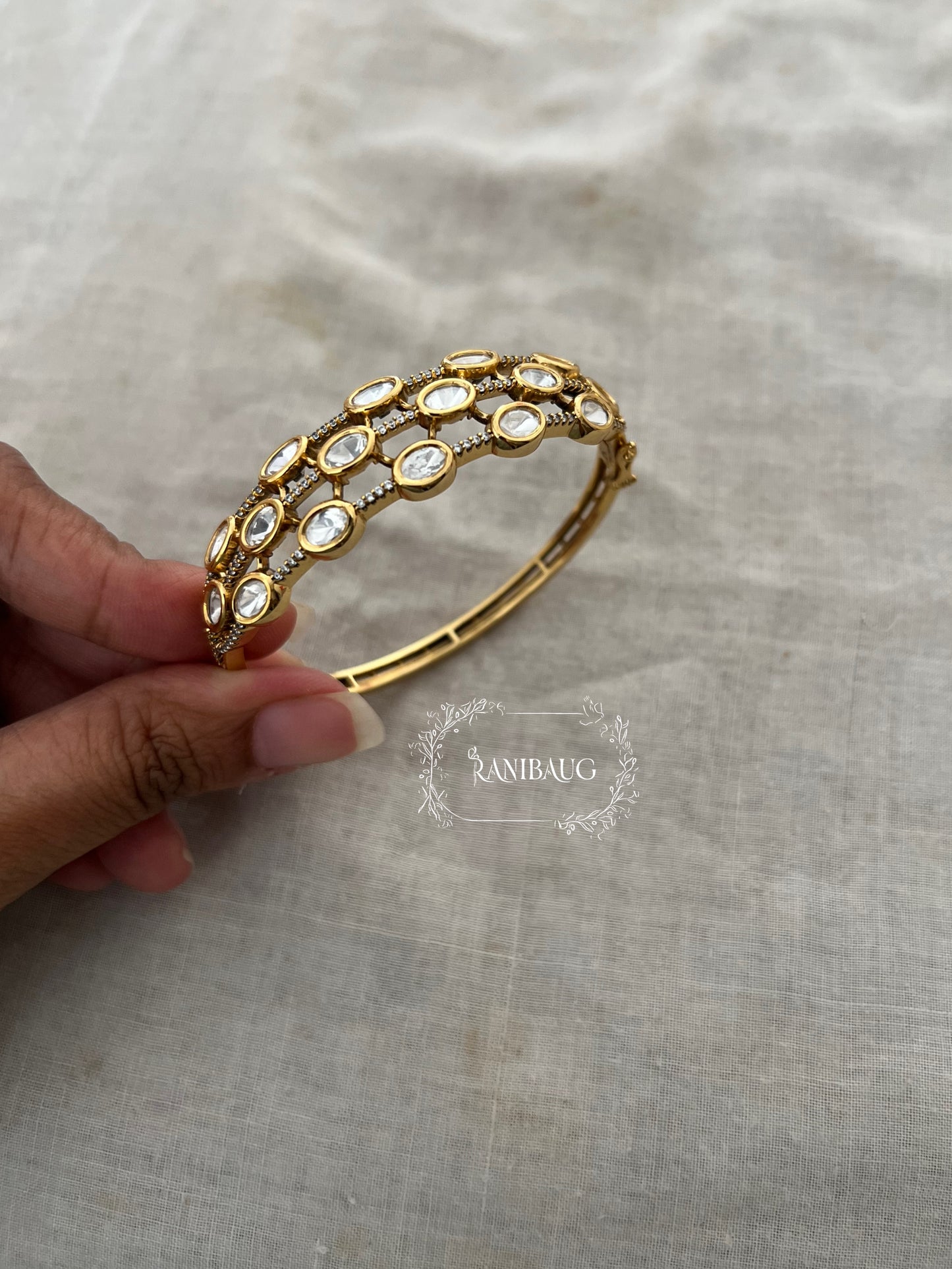 Seher Geometric Designer Gold Finish Polki Studded Three Layered Bracelet By Ranibaug