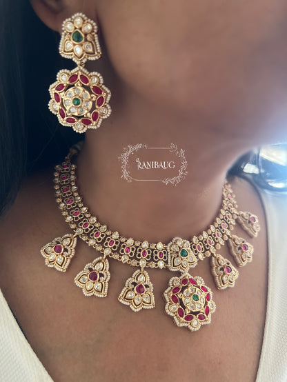 Sejal Kundan Studded Enamel Meenakari Motif Gold Plated Necklace Jewellery Set For Sarees By Ranibaug